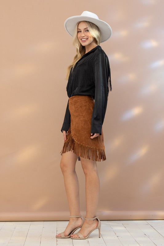 Western Way Satin Shirt Blouse with Chevron Fringe