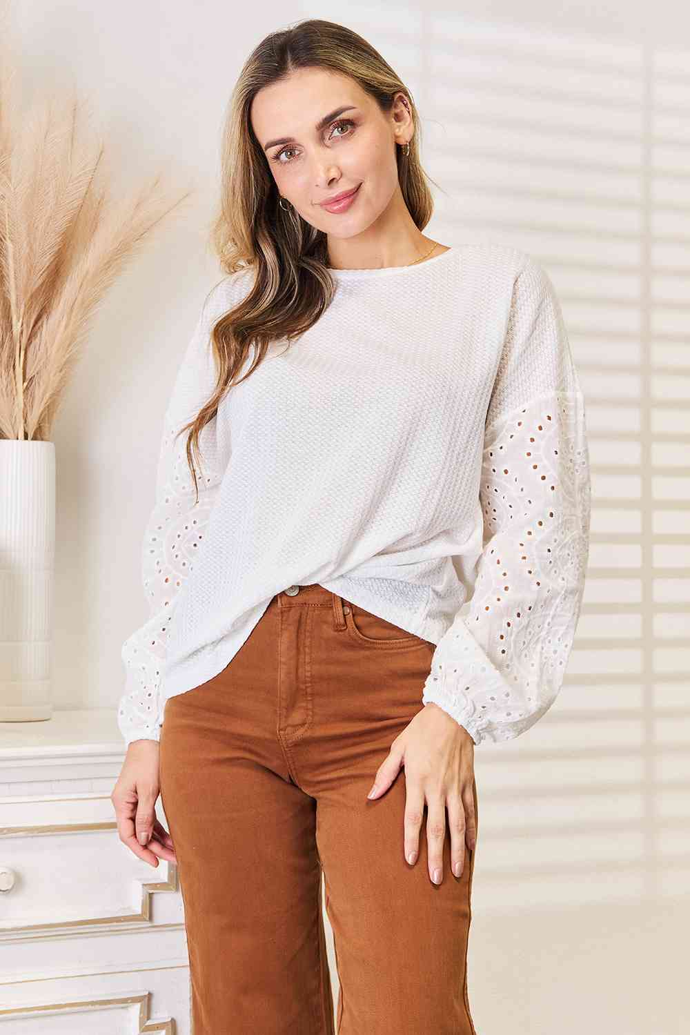 Pretty Me Eyelet Dropped Shoulder Round Neck Blouse