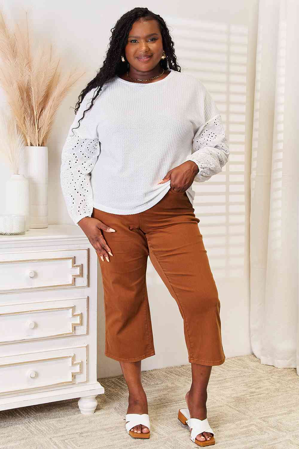 Pretty Me Eyelet Dropped Shoulder Round Neck Blouse