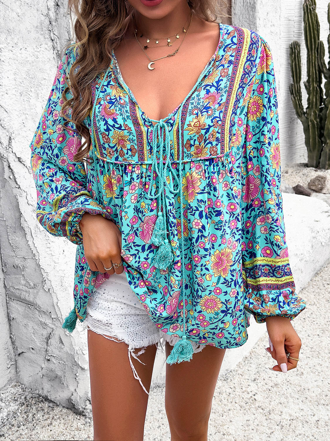 Boho Tassel Tie Neck Long Sleeve Blouse