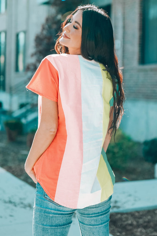 Color Block Pastel V-Neck Short Sleeve Top