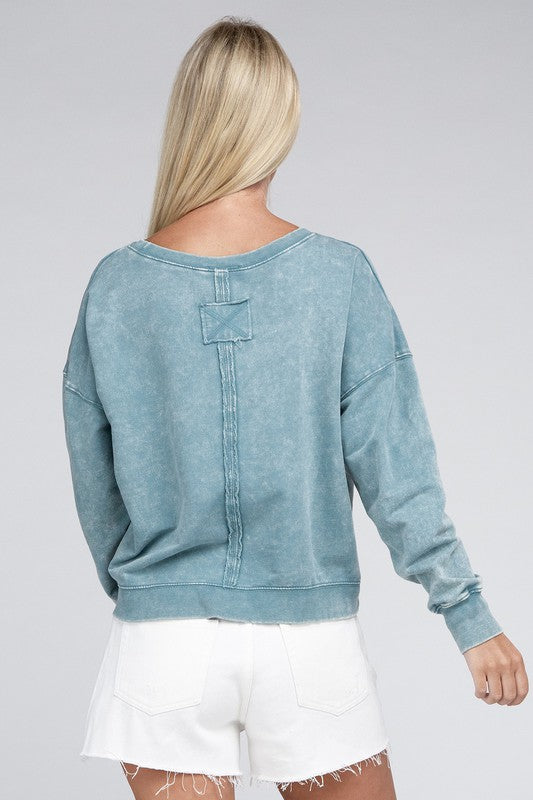 Zenana French Terry Acid Wash Boat Neck Pullover