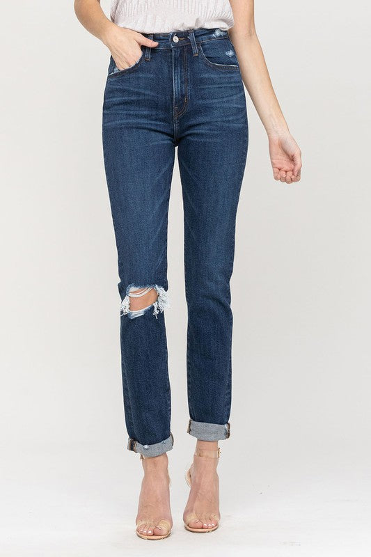 Flying Monkey Distressed Roll Up Stretch Mom Jeans