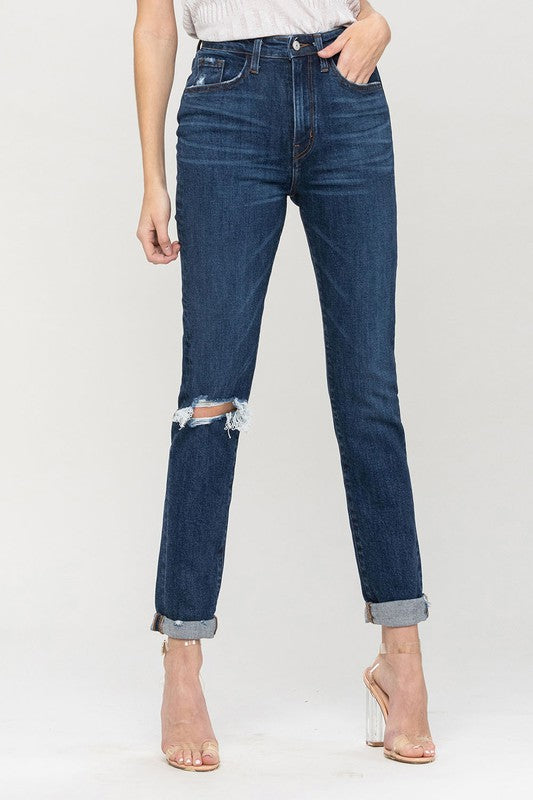 Flying Monkey Distressed Roll Up Stretch Mom Jeans