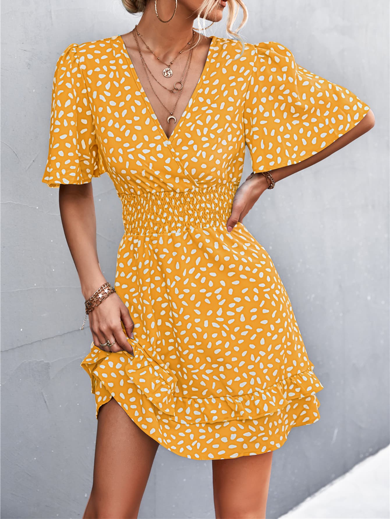 Smocked Waist Layered Surplice Dress