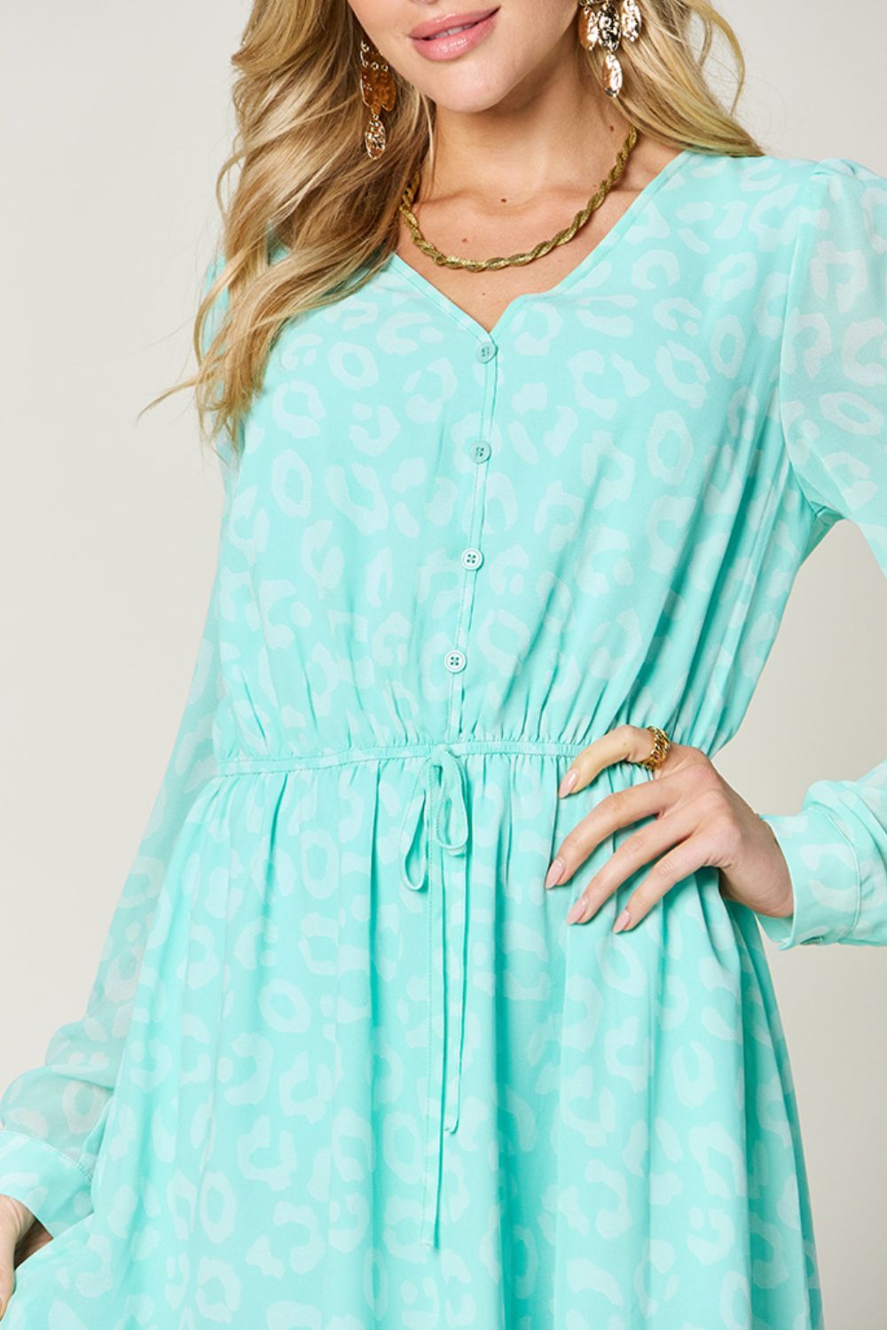 Double Take Teal Full Size Ruched V-Neck Long Sleeve Dress