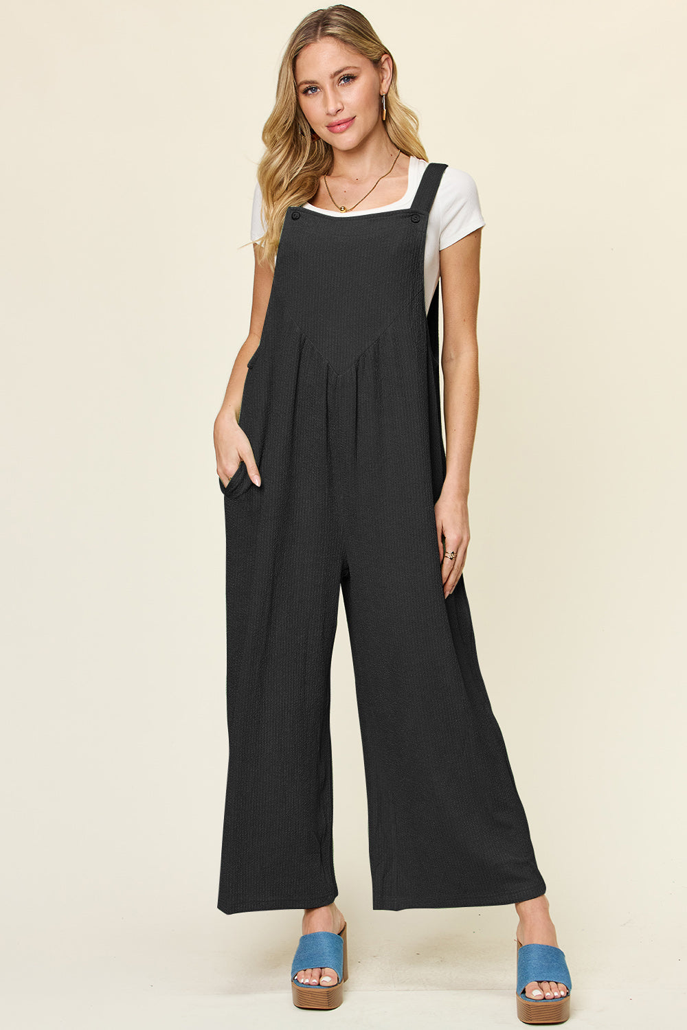 Double Take Full Size Texture Sleeveless Wide Leg Overall