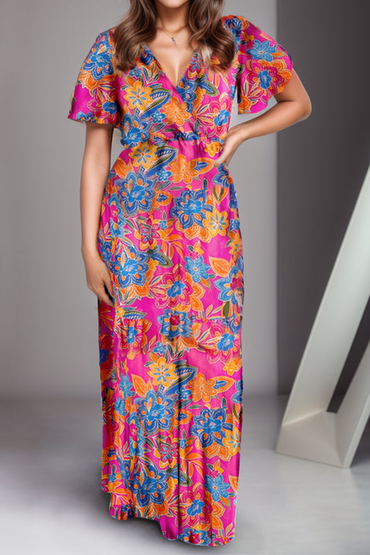 Printed Surplice Short Sleeve Maxi Dress