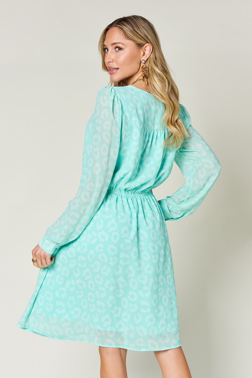 Double Take Teal Full Size Ruched V-Neck Long Sleeve Dress