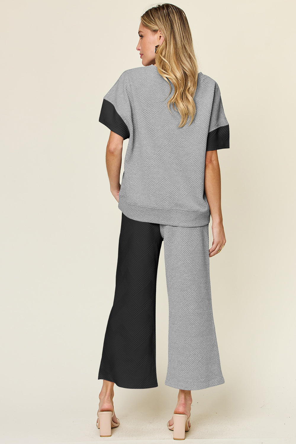 Double Take Full Size Texture Contrast T-Shirt and Wide Leg Pants Set