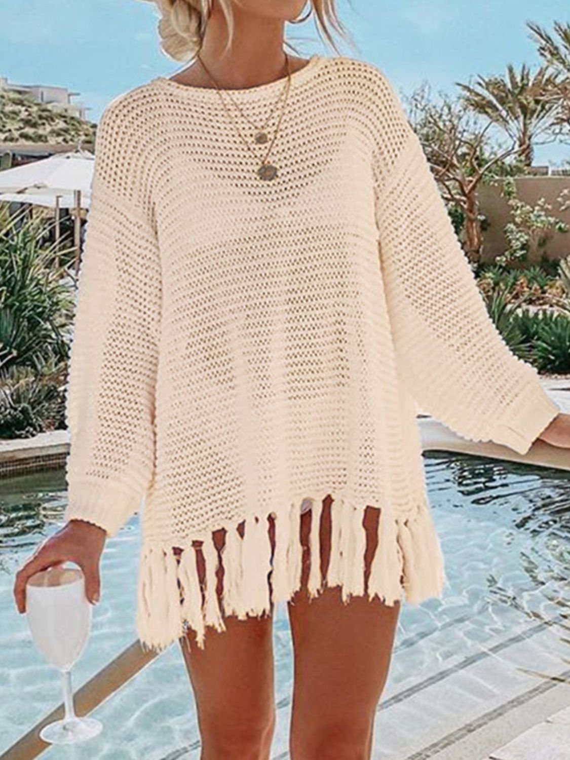 Double Take Openwork Tassel Hem Long Sleeve Knit Cover Up