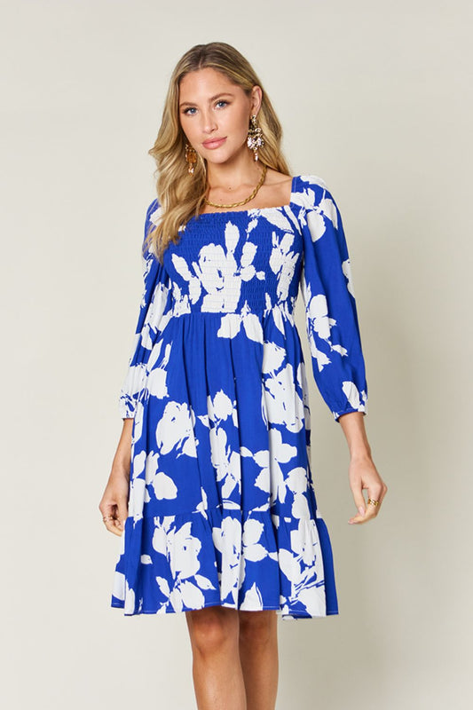 Double Take Full Size Floral Blue Ruffle Hem Smocked Dress