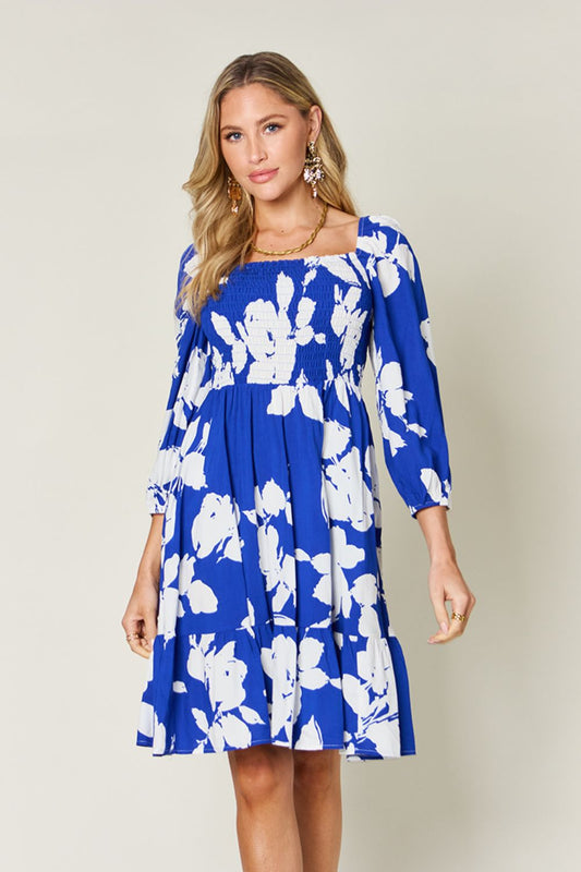 Double Take Full Size Floral Blue Ruffle Hem Smocked Dress