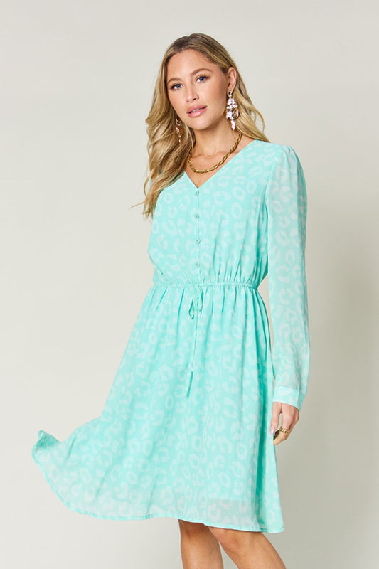 Double Take Teal Full Size Ruched V-Neck Long Sleeve Dress