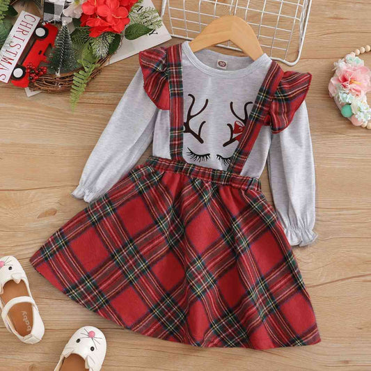 Girls Holiday Reindeer Top and Plaid Overall Skirt Set