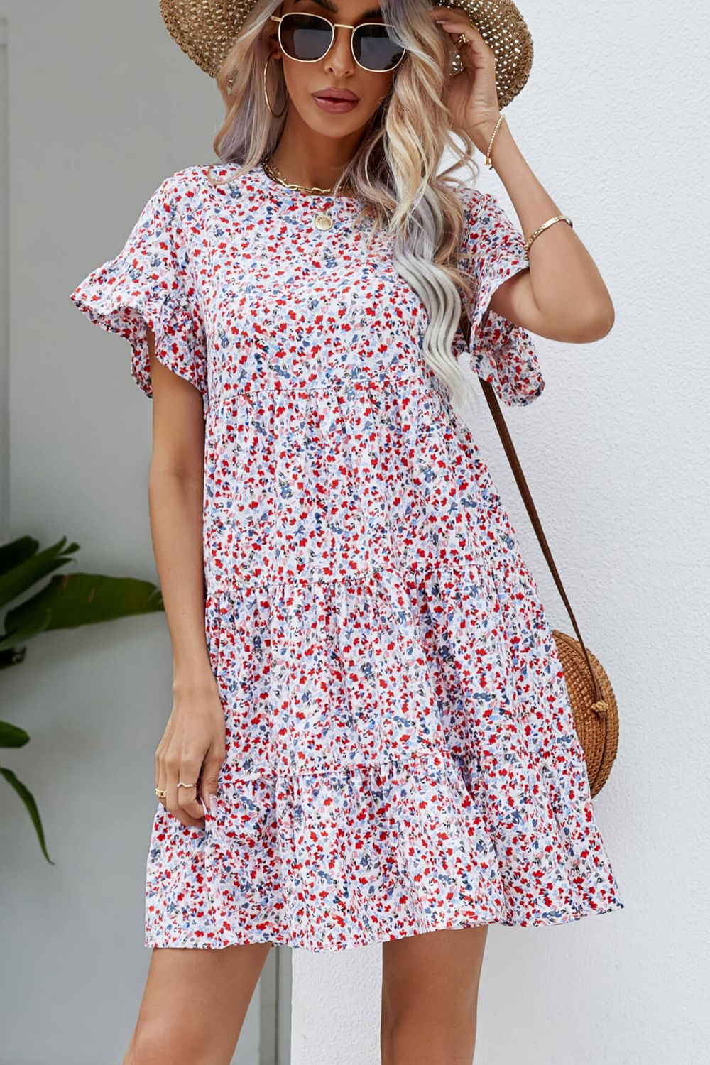 Floral Flounce Sleeve Tiered Dress