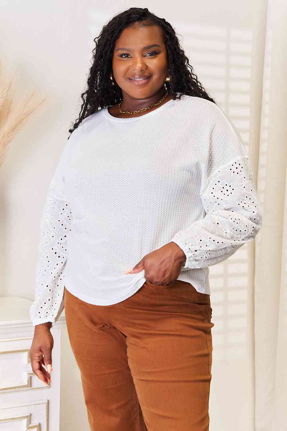 Pretty Me Eyelet Dropped Shoulder Round Neck Blouse
