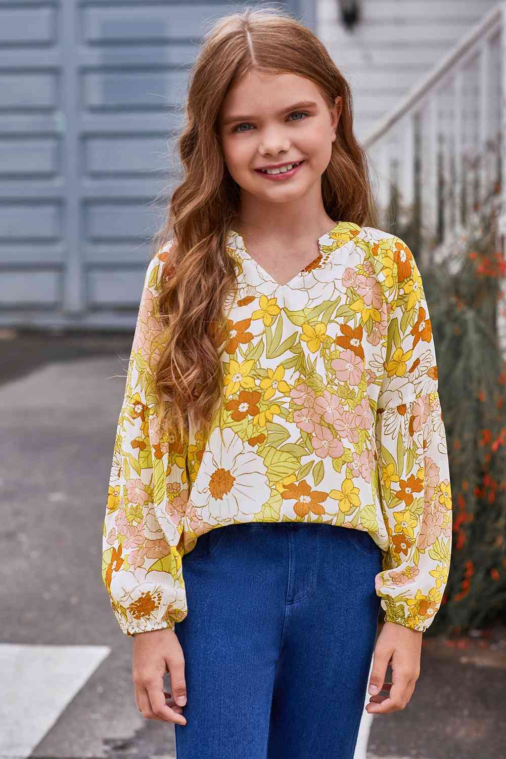 Carrie Ann Girls Notched Neck Puff Sleeve Blouse