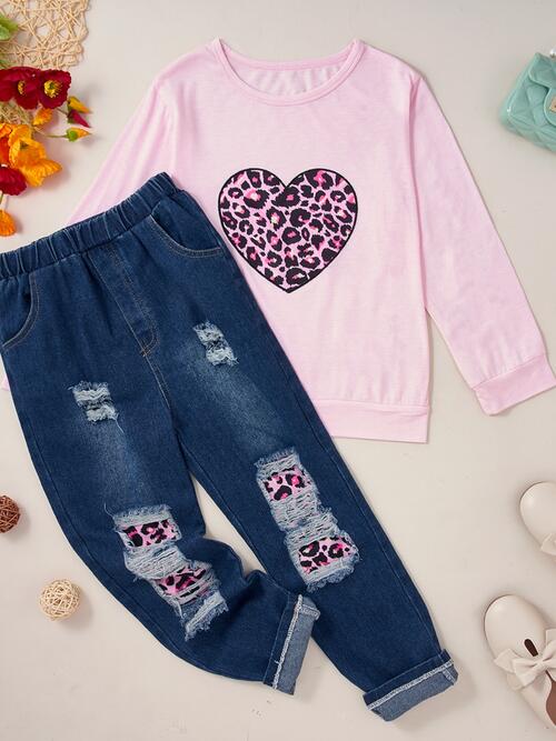 Girls Leopard Heart Top and Pants Set