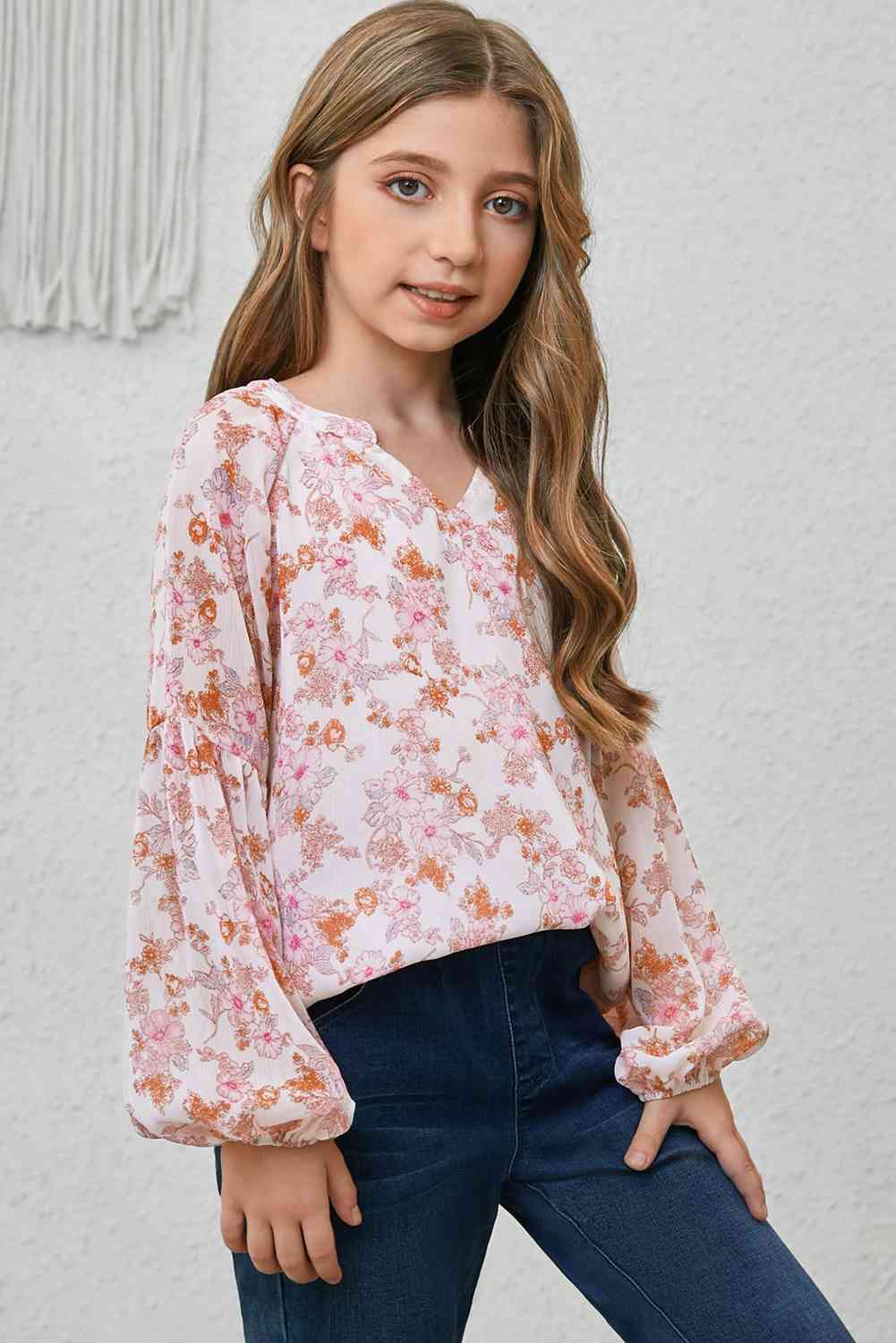 Carrie Ann Girls Notched Neck Puff Sleeve Blouse