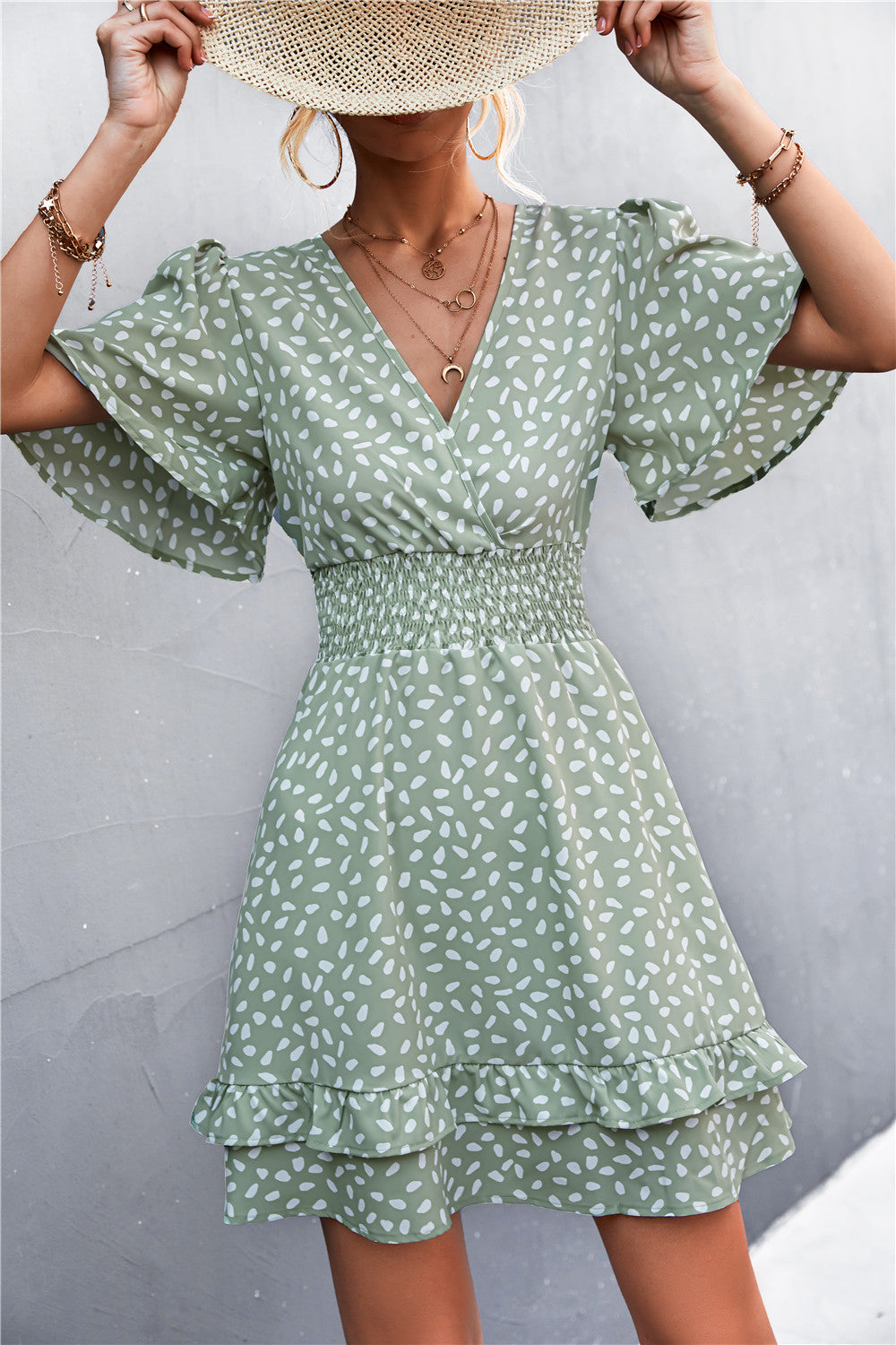 Smocked Waist Layered Surplice Dress