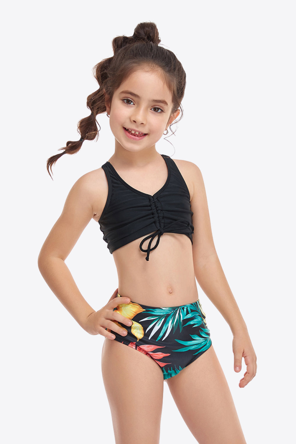 Girls Printed Drawstring Ruched Two-Piece Swim Set
