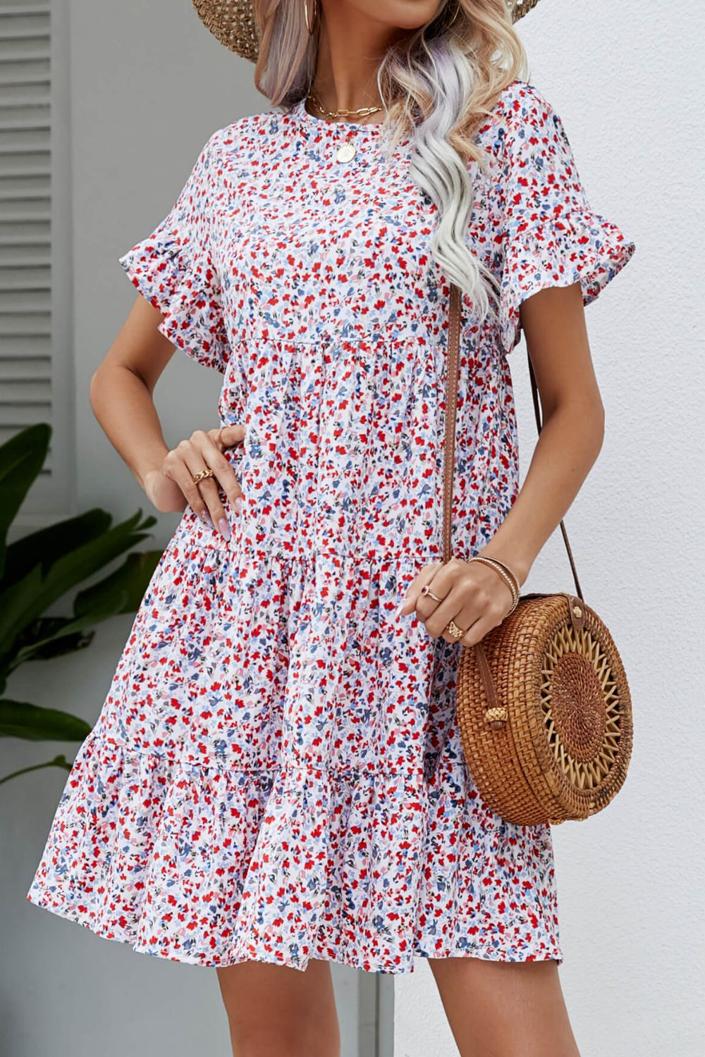Floral Flounce Sleeve Tiered Dress
