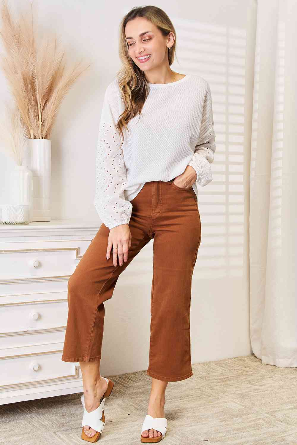 Pretty Me Eyelet Dropped Shoulder Round Neck Blouse