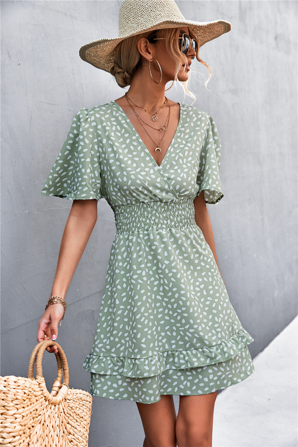 Smocked Waist Layered Surplice Dress