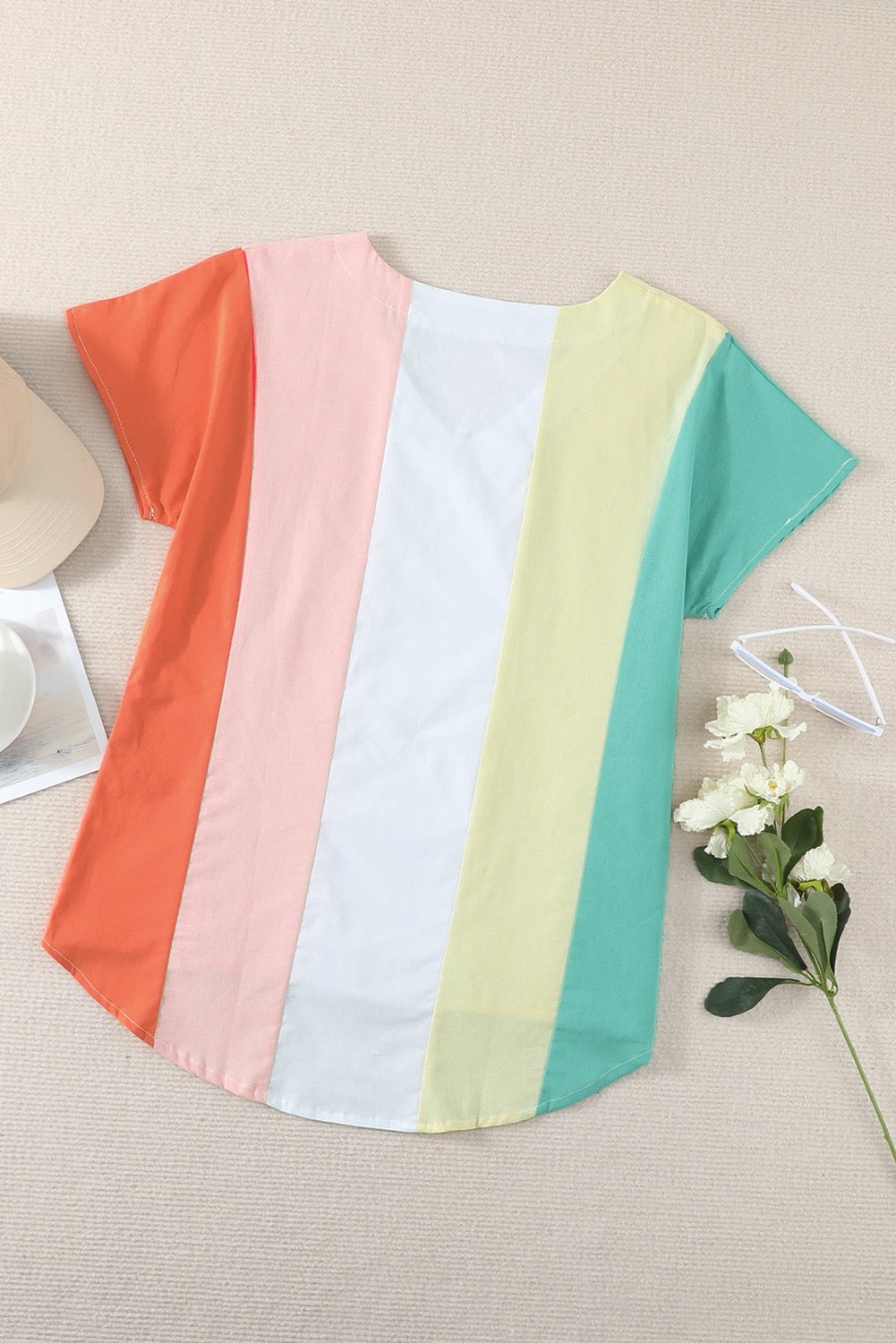 Color Block Pastel V-Neck Short Sleeve Top