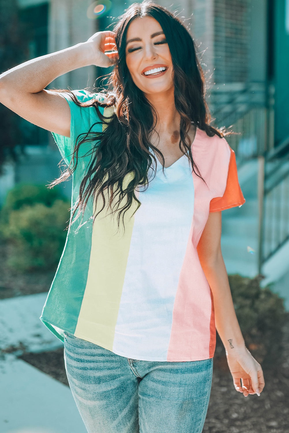 Color Block Pastel V-Neck Short Sleeve Top
